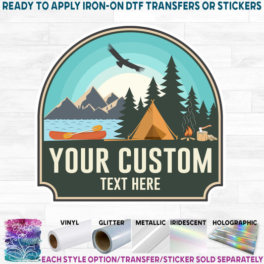 (s228-2M2) Mountains Lake Camper Camping Custom Text Printed Heat Transfer or Sticker