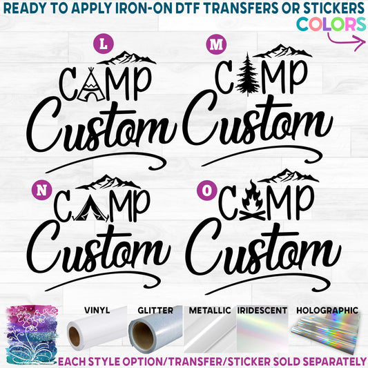 (s228-3) Camp Grandma, Teepee, Campfire, Tree, Mountains Custom Text Printed Heat Transfer or Sticker