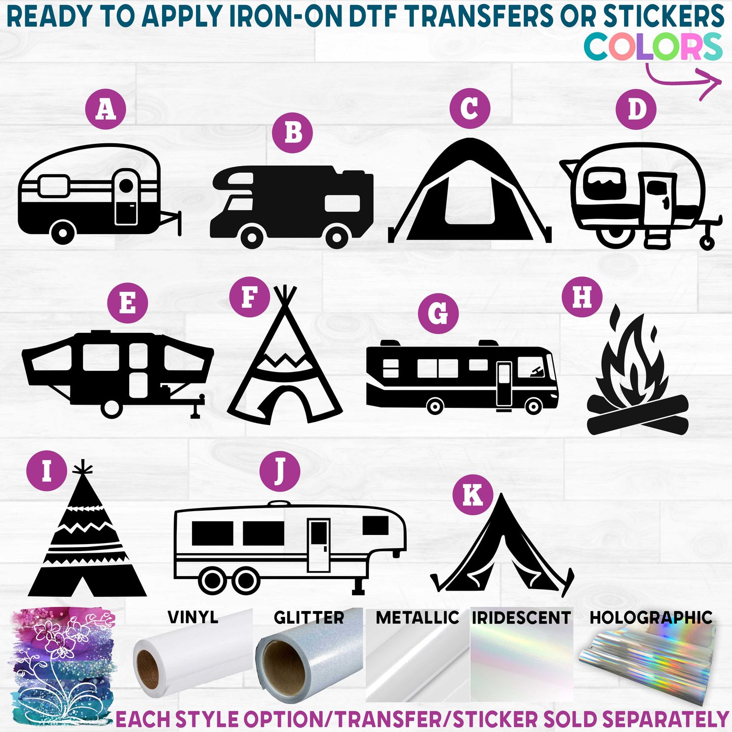 (s228-1) Campers Camper RV Tent Trailer Teepee Campfire Motorhome 5th Wheel Printed Heat Transfer or Sticker