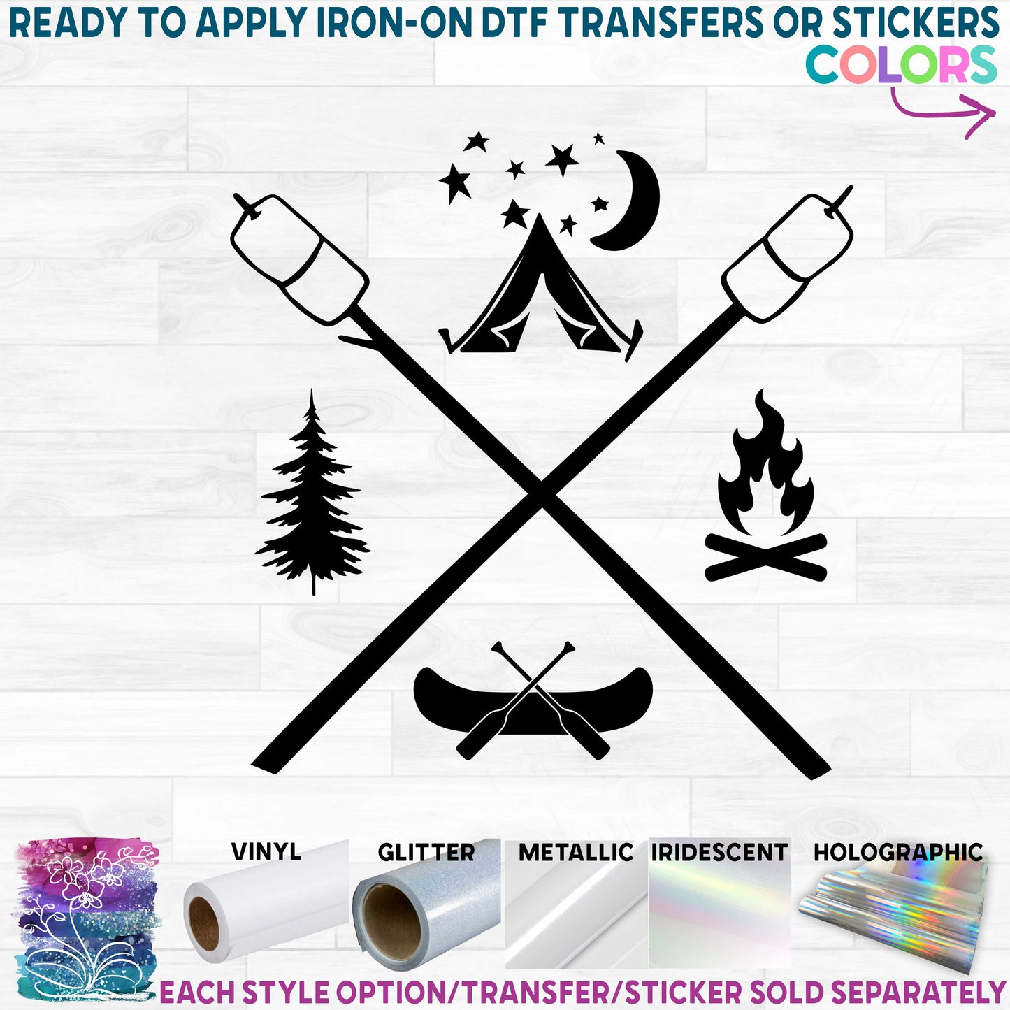 (s228-4C) Camping Logo Marshmallows Tent Campfire Canoe, Arrows, Paddles