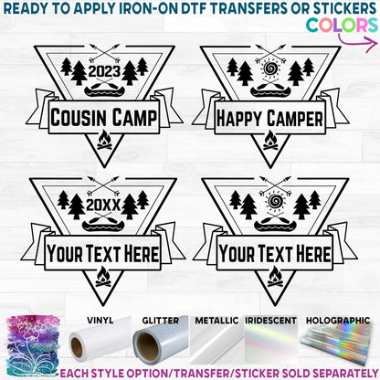 (s228-3E) Cousin Camp Happy Camper Custom Text Printed Heat Transfer or Sticker