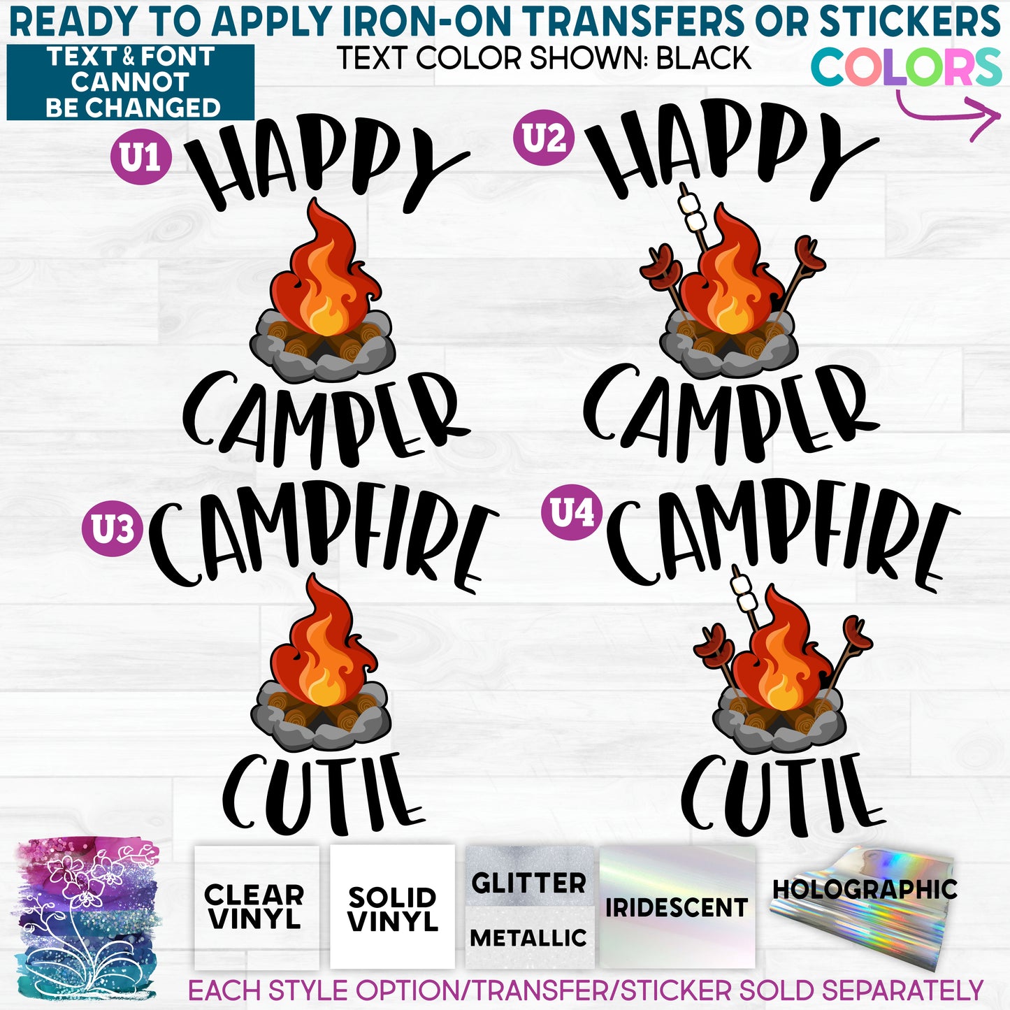 (s228-6U) Happy Camper Campfire Cutie Full Color Print Campfire Glitter or Vinyl Iron-On Transfer or Sticker