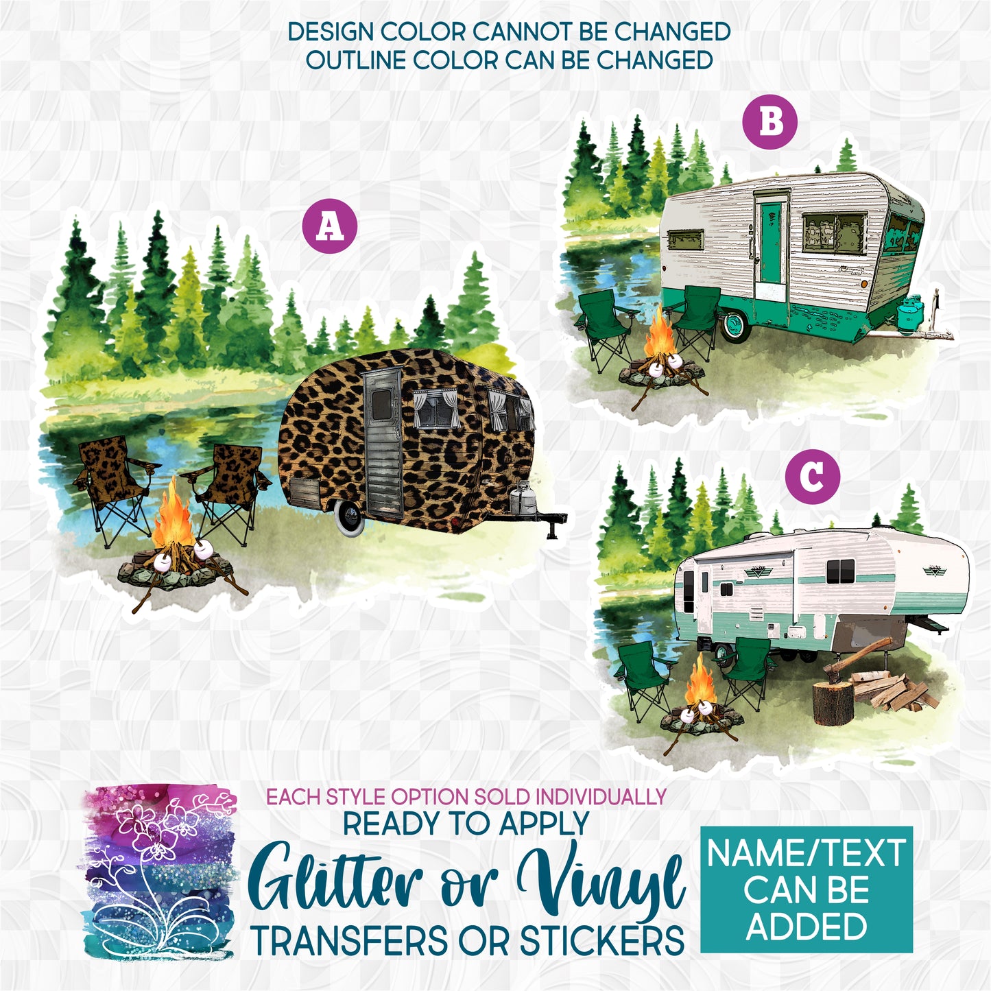 (s228-7) Watercolor Camping Scene Camper RV Tent Glitter or Vinyl Iron-On Transfer or Sticker