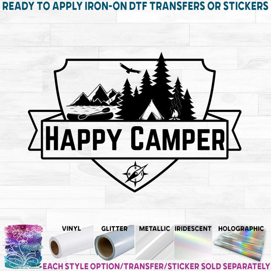 (s228-3F) Lake Mountain Happy Camper Custom Family Text Printed Heat Transfer or Sticker