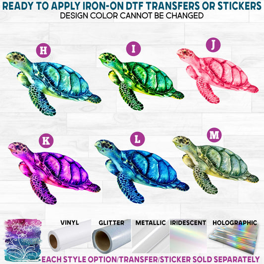 (s022) Watercolor Turtles Jade Green Blue Pink Purple Printed Heat Transfer or Sticker