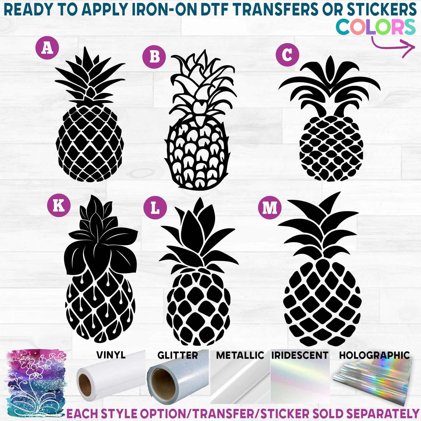 (s230-1) Pineapple Silhouette Printed Heat Transfer or Sticker