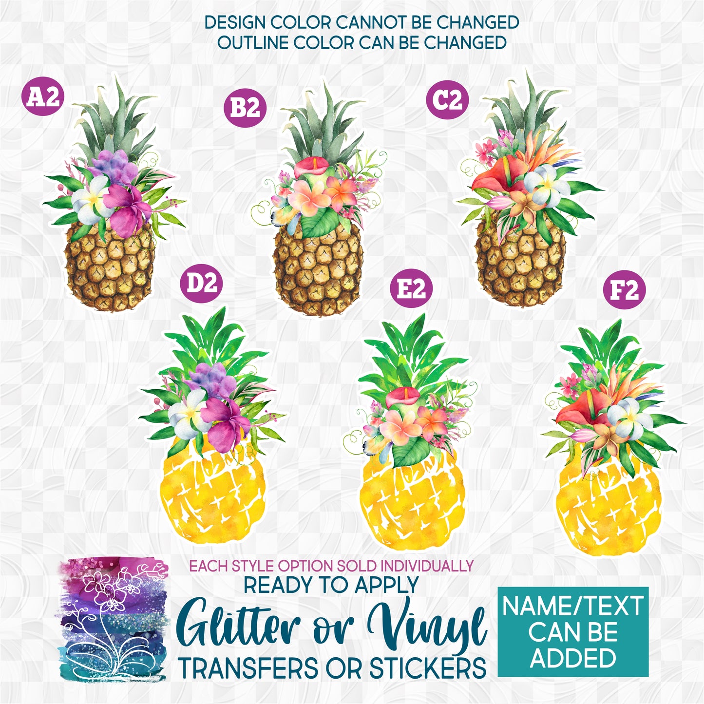 Watercolor Pineapples Tropical Flowers Glitter, Matte, Glossy Iron-On Transfer or Sticker