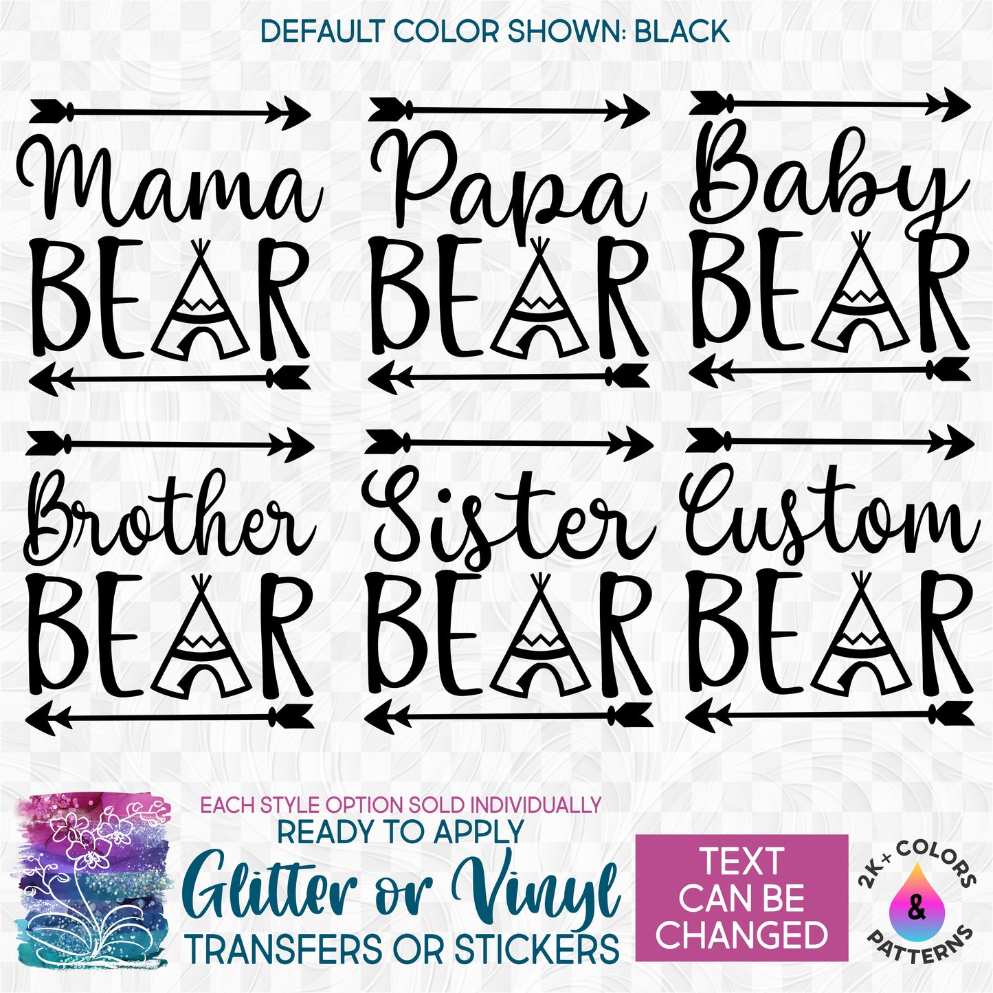 (s232-A) Teepee Arrows Bear Family Mama Custom Text Glitter or Vinyl Iron-On Transfer or Sticker