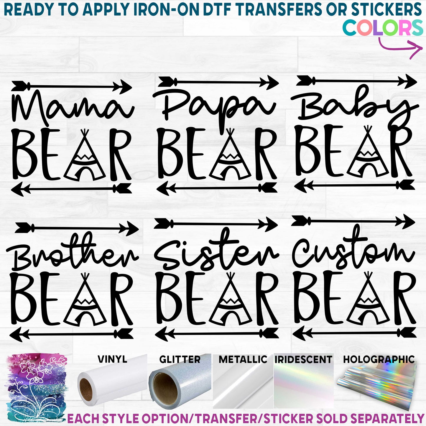 (s232-A) Teepee Arrows Bear Family Mama Custom Text Printed Heat Transfer or Sticker