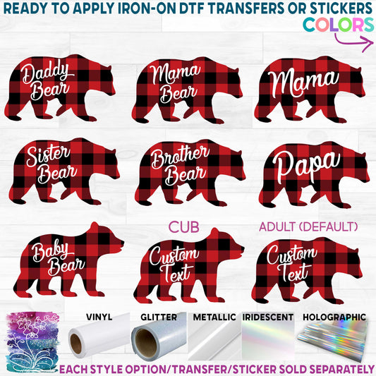 (s232-CC) Bear Family Custom Text Buffalo Plaid Printed Heat Transfer or Sticker