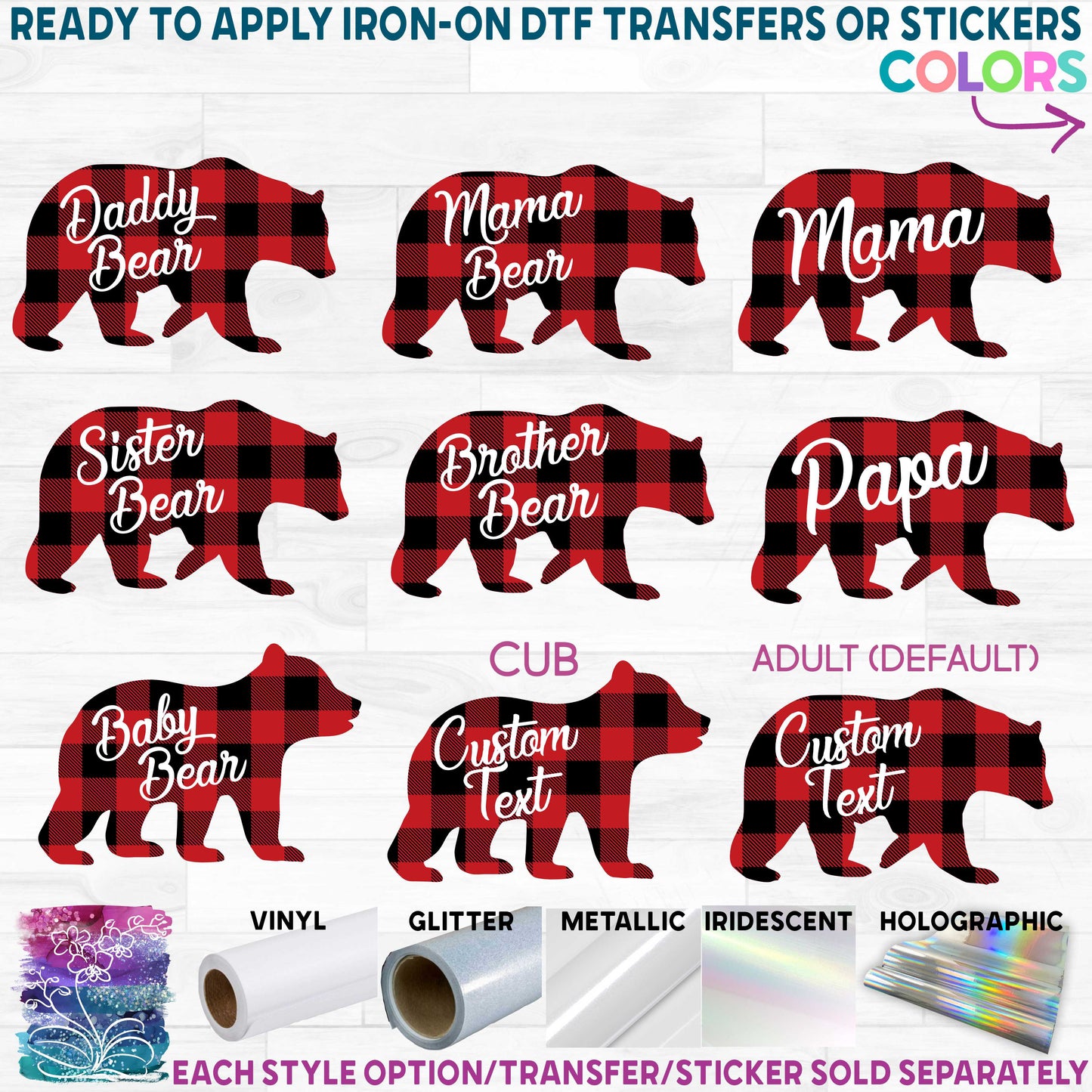 (s232-CC) Bear Family Custom Text Buffalo Plaid Printed Heat Transfer or Sticker