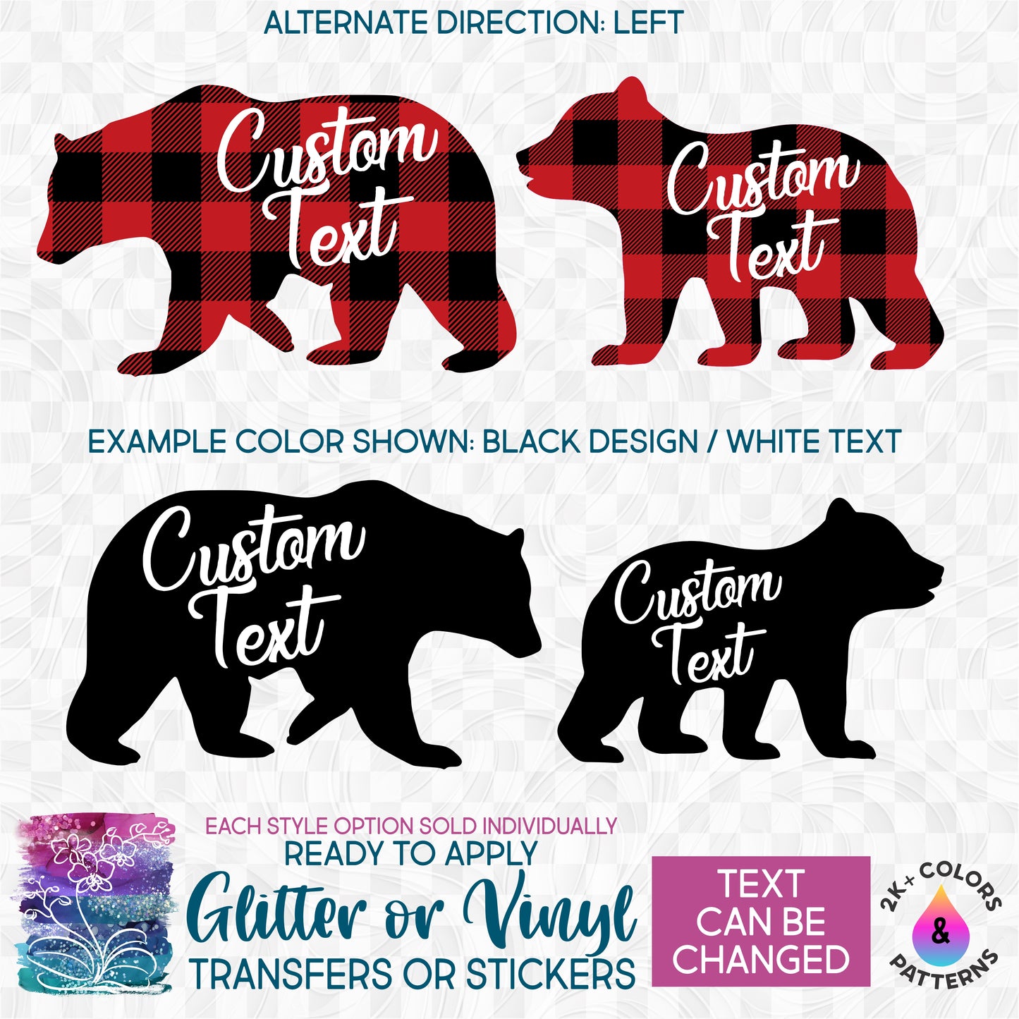 (s232-CC) Bear Family Custom Text Buffalo Plaid Glitter or Vinyl Iron-On Transfer or Sticker