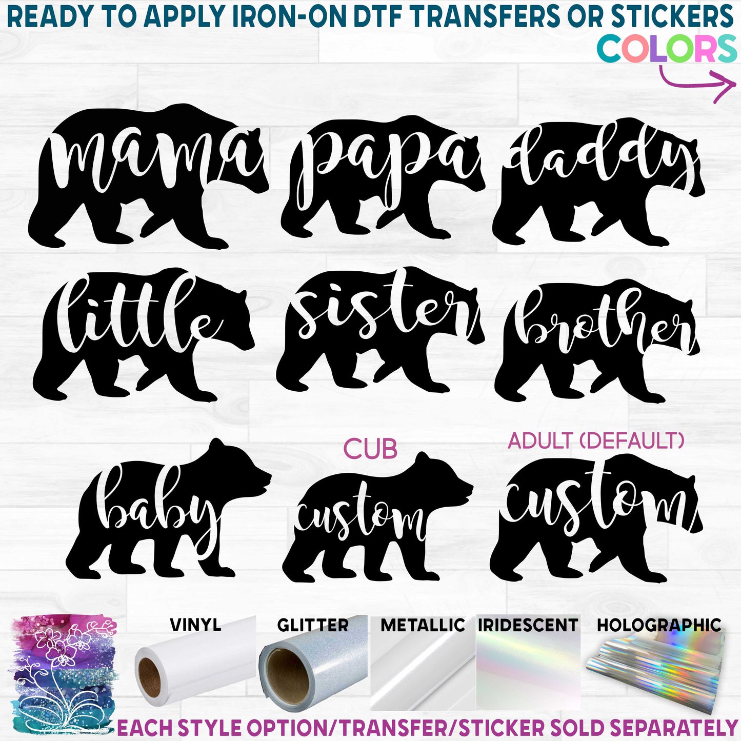 (s232-C1) Bear Family Custom Text Printed Heat Transfer or Sticker