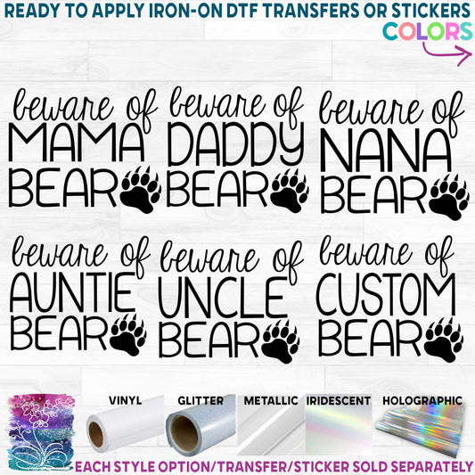 (s232-F) Beware of Mama Bear Family Custom Text Printed Heat Transfer or Sticker