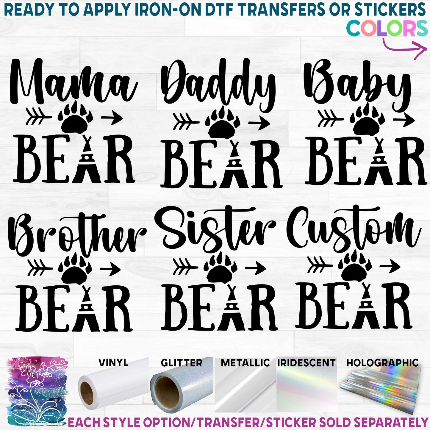 (s232-H) Bear Family Mama, Custom Text Printed Heat Transfer or Sticker