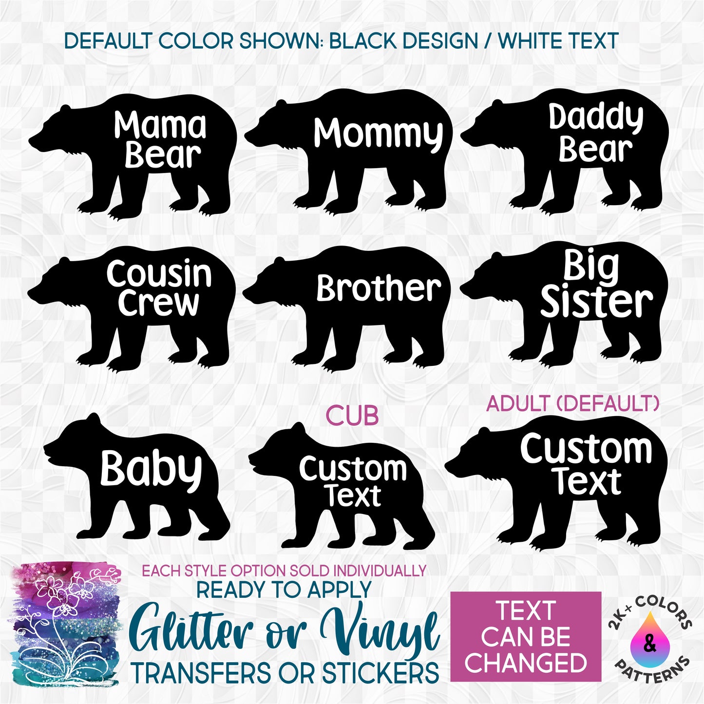 (s232-I2) Bear Family Custom Text Glitter or Vinyl Iron-On Transfer or Sticker
