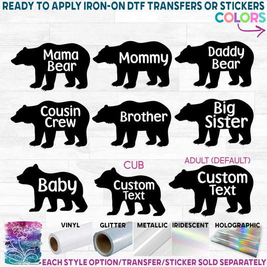 (s232-I2) Bear Family Custom Text Printed Heat Transfer or Sticker