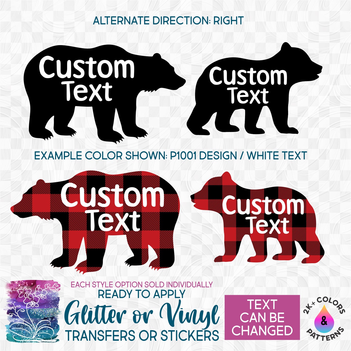 (s232-I2) Bear Family Custom Text Glitter or Vinyl Iron-On Transfer or Sticker