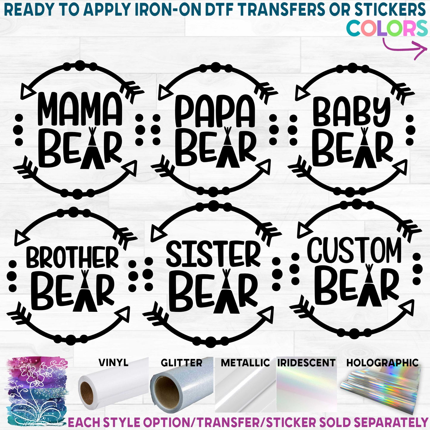 (s232-I) Bear Family Custom Text Printed Heat Transfer or Sticker