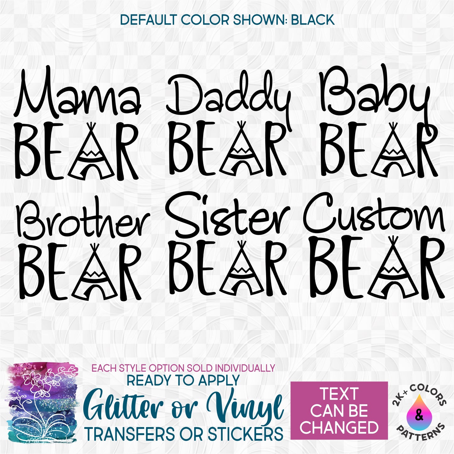 (s232-J) Bear Family Custom Text Glitter or Vinyl Iron-On Transfer or Sticker