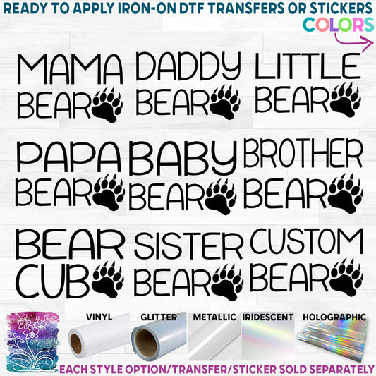 (s232-F2) Bear Family Mama Papa Baby Brother Sister Printed Heat Transfer or Sticker