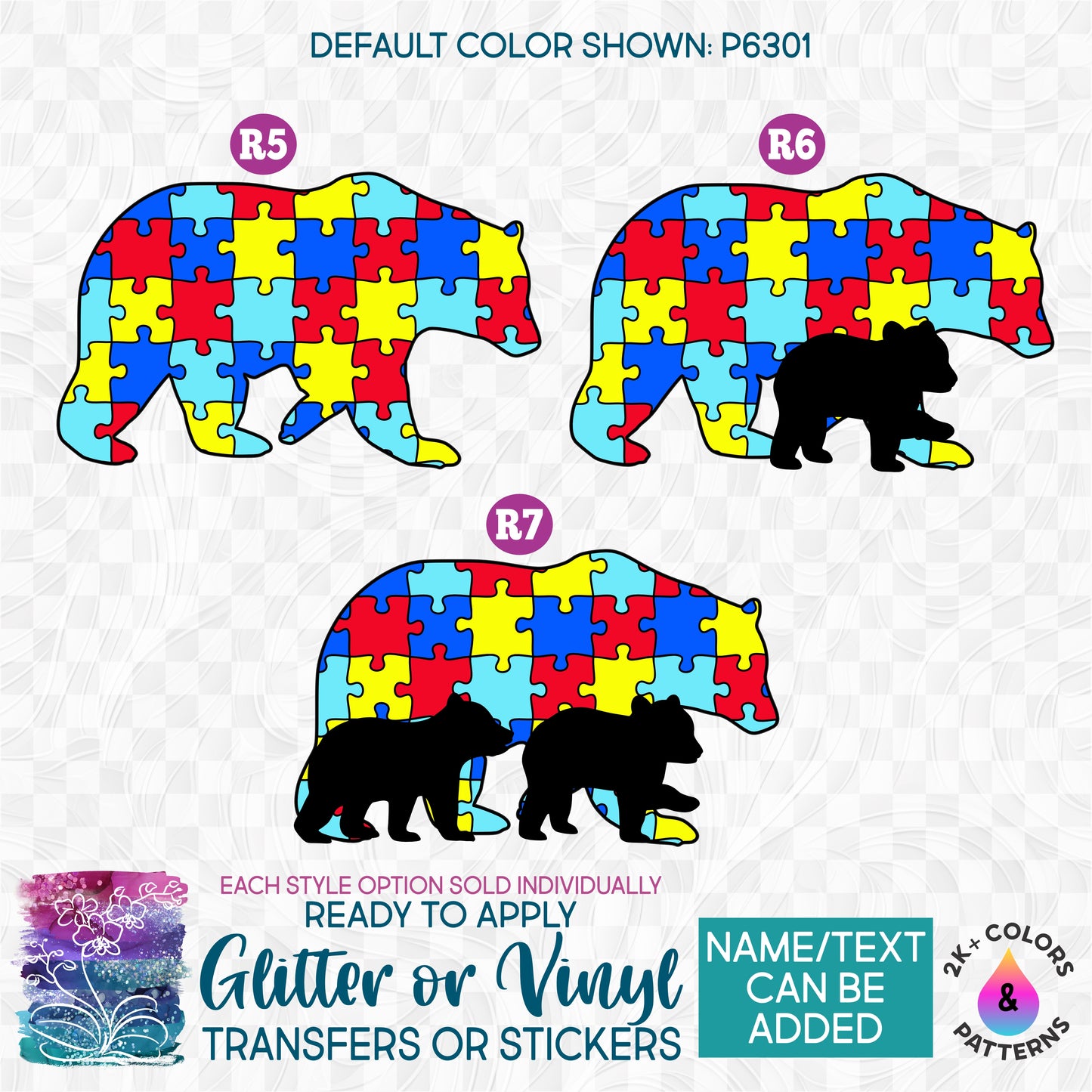 (s232-R) Adult Bear 1 2 Baby Little Bears Cub Cubs Autism Puzzle Glitter or Vinyl Iron-On Transfer or Sticker