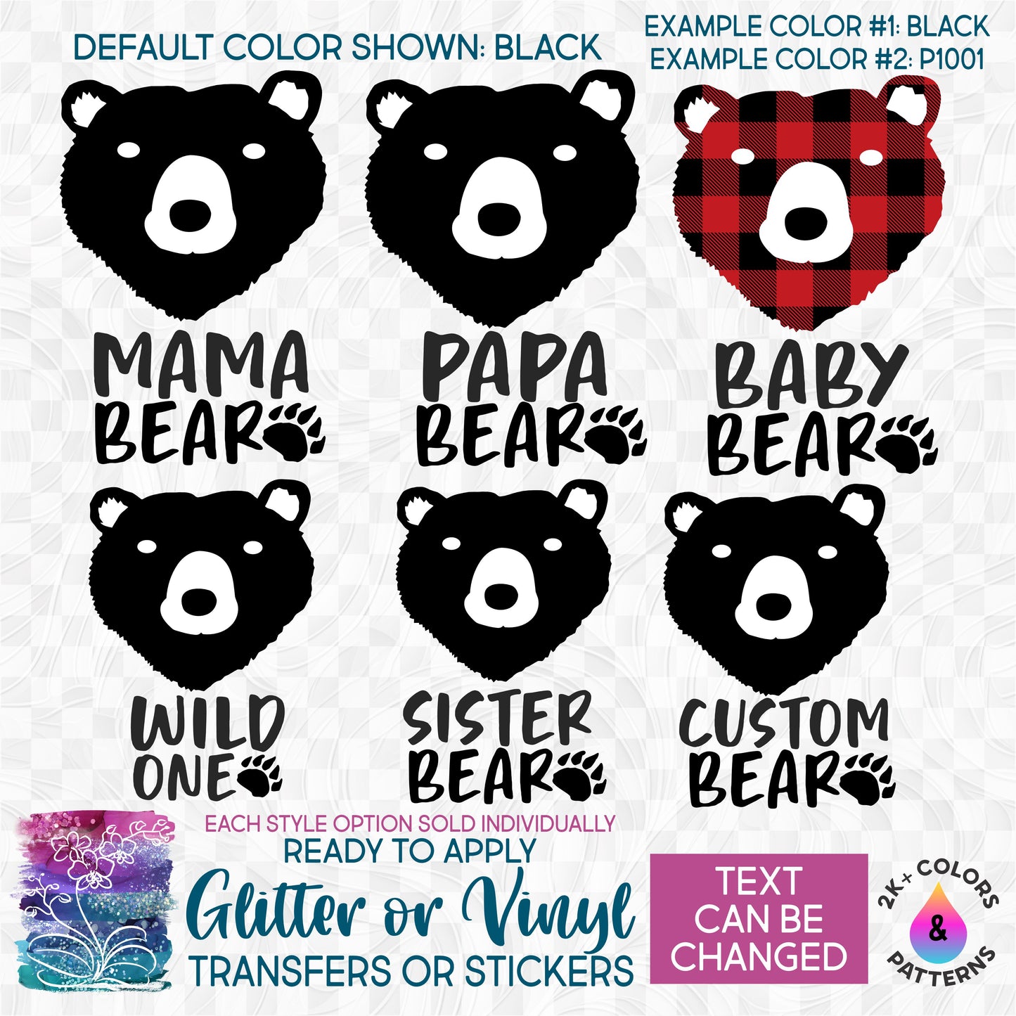 (s232-S) Bear Family Mama, Family Custom Text Glitter or Vinyl Iron-On Transfer or Sticker