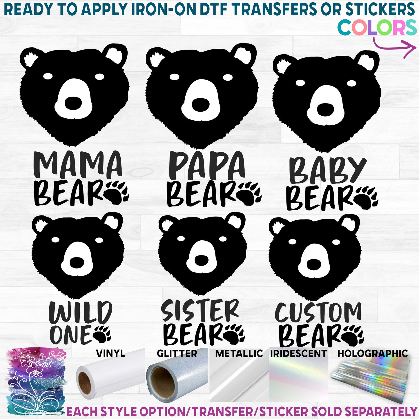 (s232-S) Bear Family Mama, Family Custom Text Printed Heat Transfer or Sticker