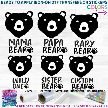 (s232-S) Bear Family Mama, Family Custom Text Printed Heat Transfer or Sticker