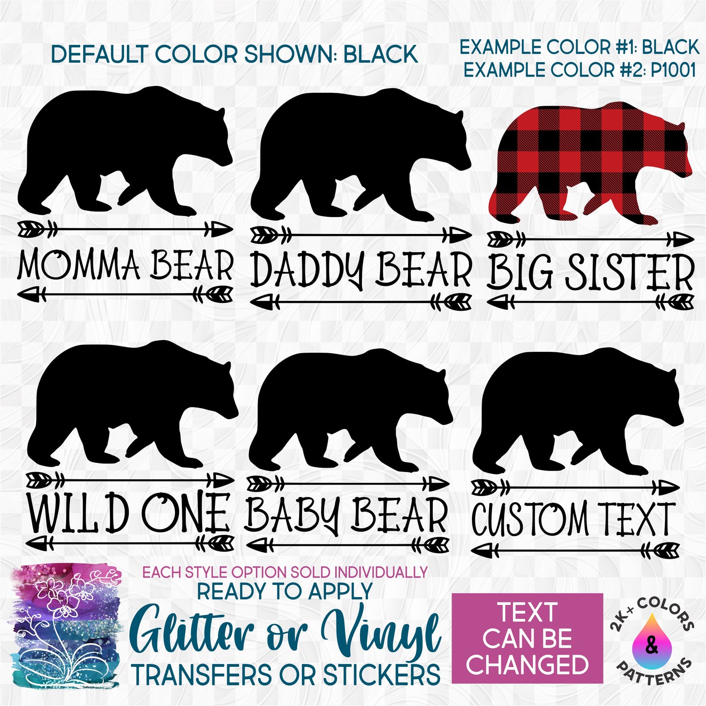 (s232-U) Bear Family Custom Text Glitter or Vinyl Iron-On Transfer or Sticker