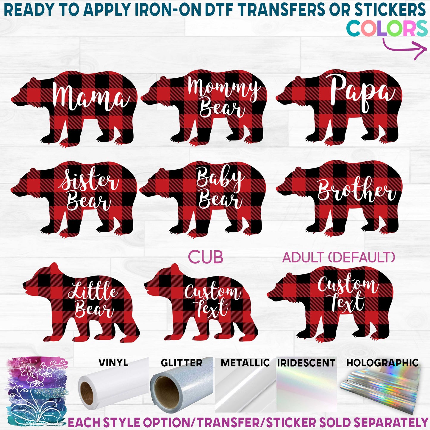 (s232-Y) Bear Family Custom Text Buffalo Plaid Printed Heat Transfer or Sticker