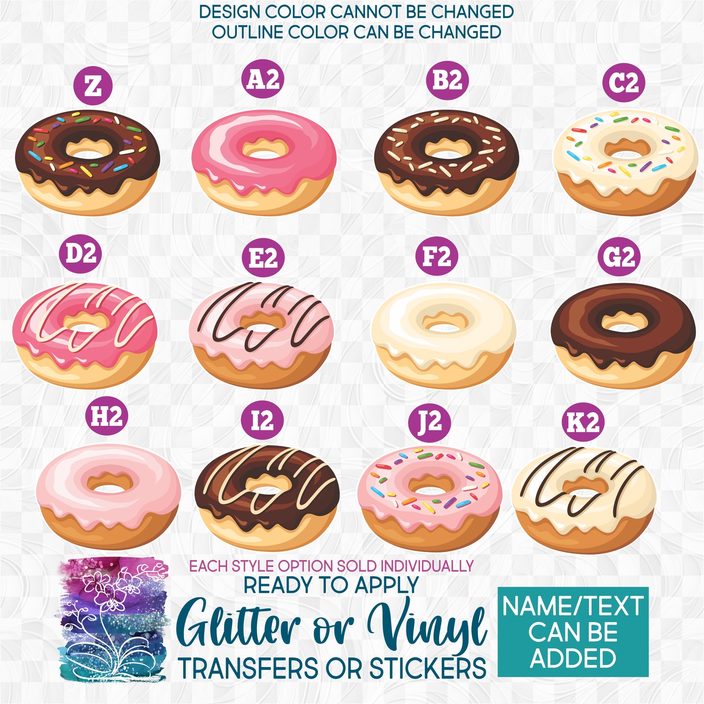 (s242-1) Watercolor Donut 2 Glitter or Vinyl Iron-On Transfer or Sticker