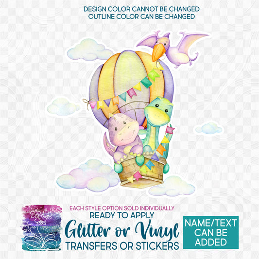 SBS-244-3 Watercolor Baby Dinosaurs Hot Air Balloon Made-to-Order Iron-On Transfer or Sticker