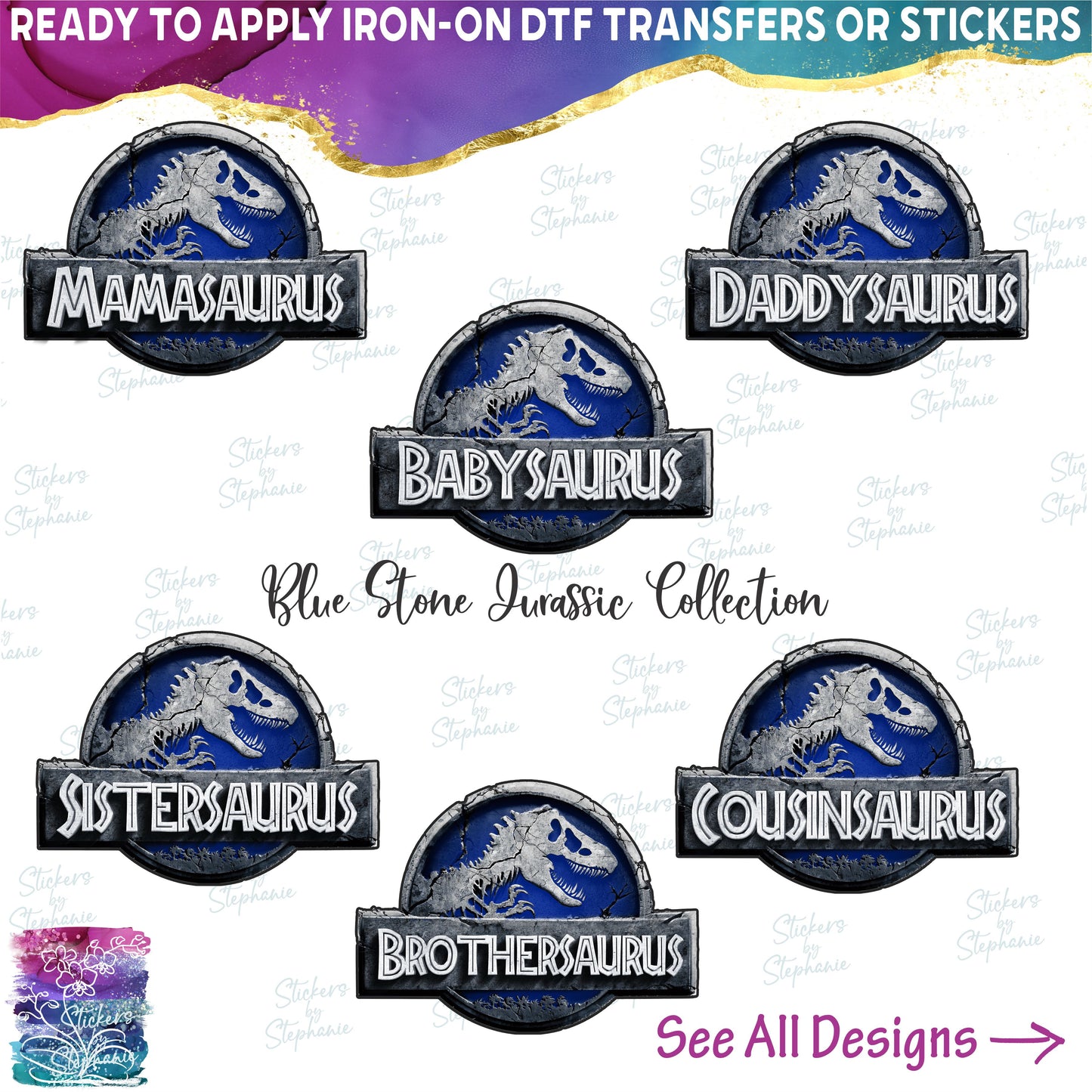 (s244-C15-4) Blue Stone Jurassic Family Dinosaur Collection Custom Text