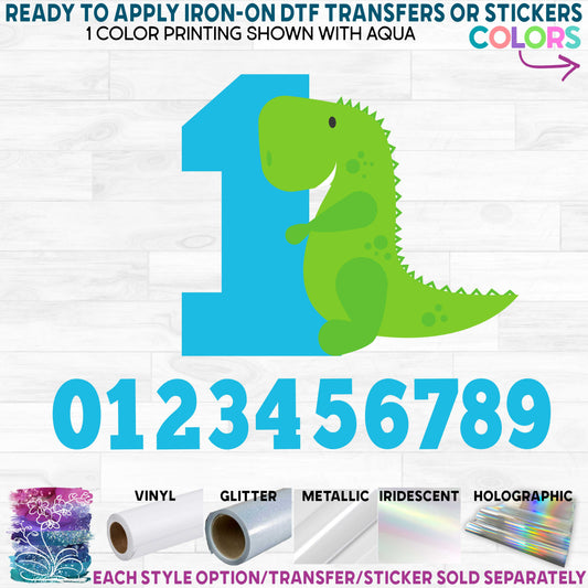 (s244-5) Cute Green Baby Dinosaur Age Number Printed Heat Transfer or Sticker