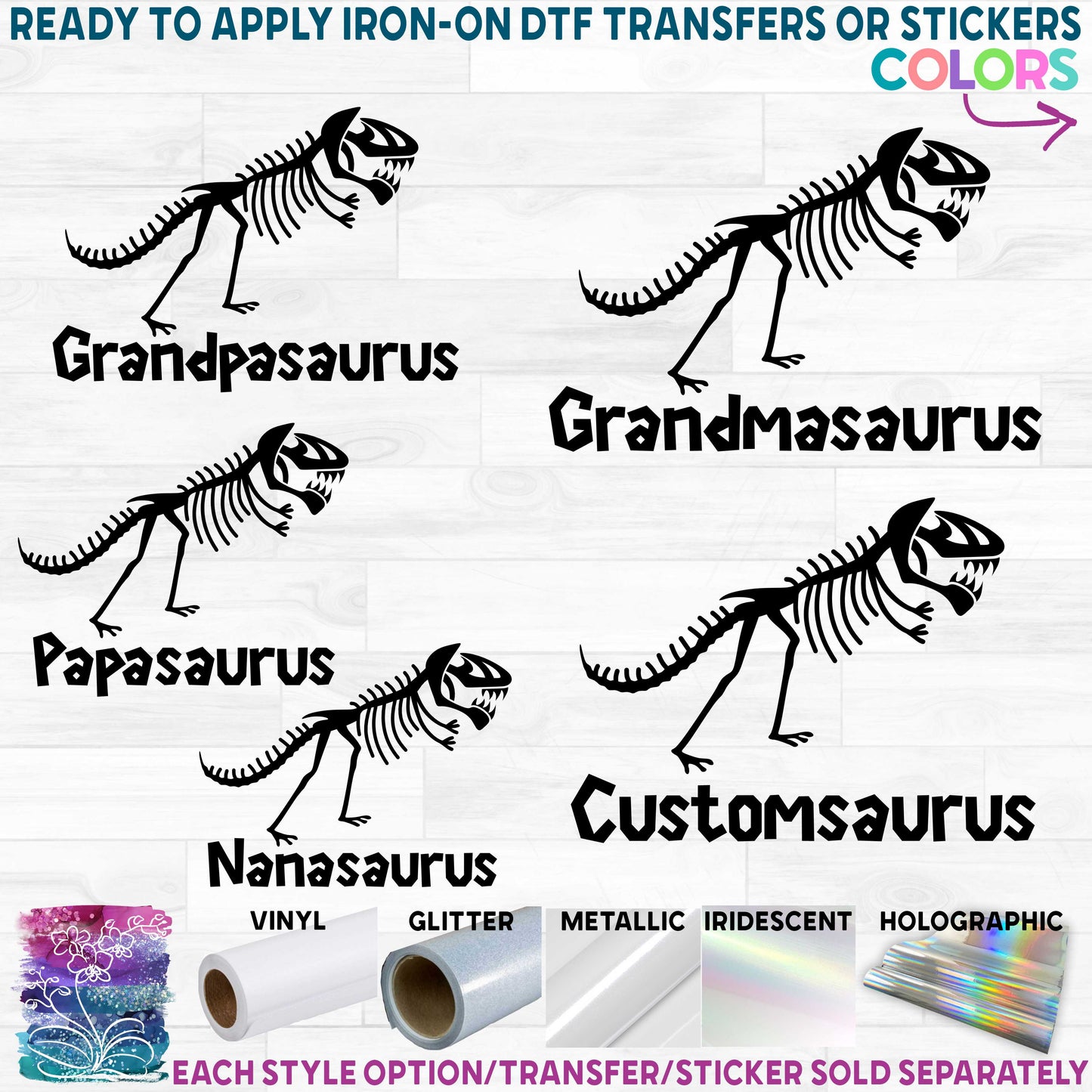 (s244-J1) T-Rex Skelton Fossil Saurus Family Custom Text Printed Heat Transfer or Sticker