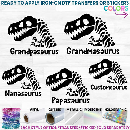 (s244-J2) T-Rex Skelton Fossil Saurus Custom Family Text Printed Heat Transfer or Sticker