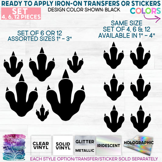 SBS-244-S1 Set of 4, 6 or 12 pieces Dino Dinosaur Footprint Foot Prints Tracks Made-to-Order Iron-On Transfer or Sticker