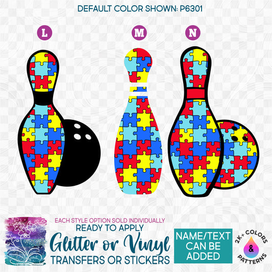 Autism Puzzle Bowling Ball Pin Pins Glitter, Matte, Glossy Iron-On Transfer or Sticker