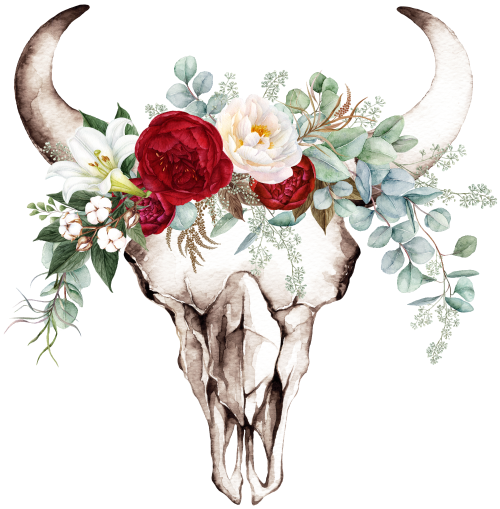 (s249-L) Cow Skull Red White Roses