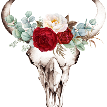 (s249-M) Cow Skull Red White Roses