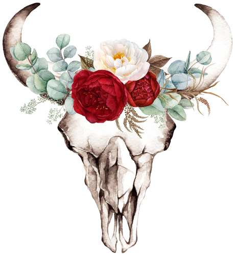 (s249-M) Cow Skull Red White Roses