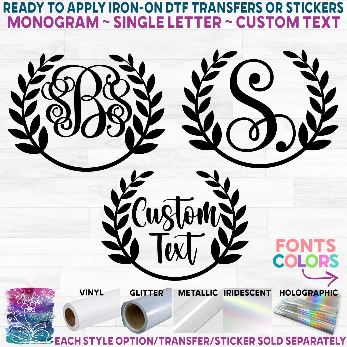 (s250-2A) Laurel Wreath Monogram Printed Heat Transfer or Sticker