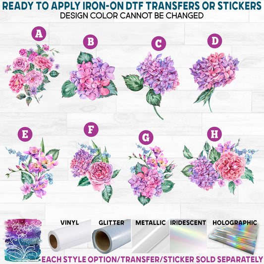 (s252) Watercolor Purple Hydrangea Freesia Flowers Printed Heat Transfer or Sticker