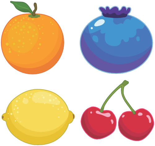(s253-G6) Set of 4 Fruit Orange Blueberry Lemon Cherries