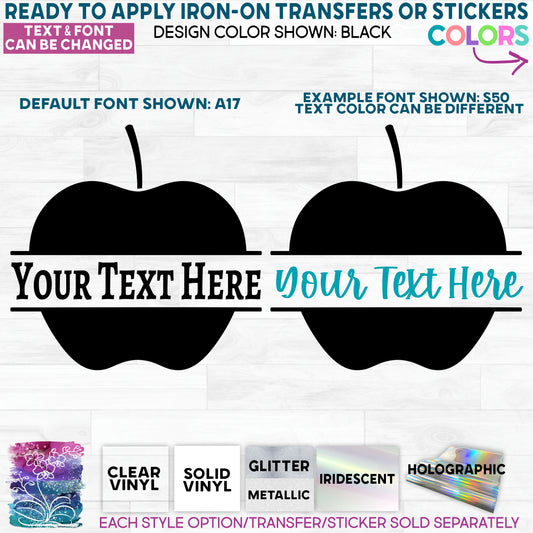 (s253-3) Split Apple Name Teacher or Student Glitter or Vinyl Iron-On Transfer or Sticker