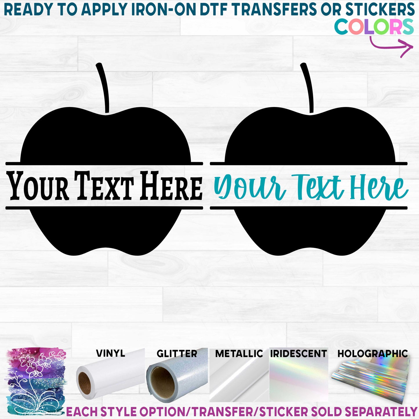 (s253-2D) Split Apple Name Teacher or Student Printed Heat Transfer or Sticker