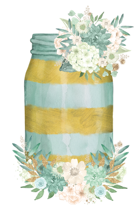 (254-01-C) Blue Gold Stripe Mason Jar Flowers