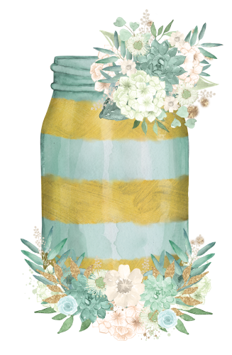 (254-01-C) Blue Gold Stripe Mason Jar Flowers