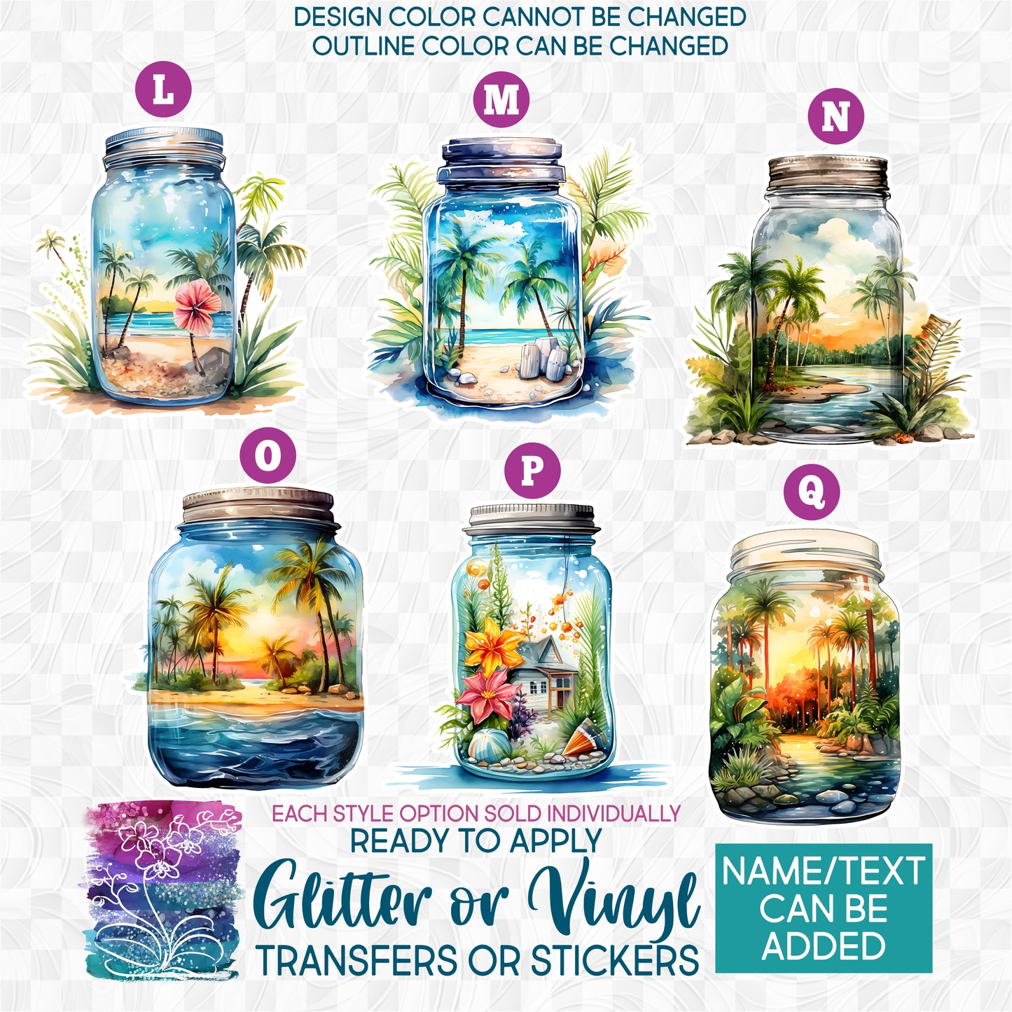 SBS-254-1 Watercolor Beach Summer View Landscape Mason Jars Made-to-Order Iron-On Transfer or Sticker